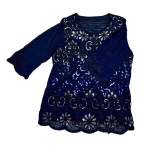 Elegant Black Sequin Cocktail Top Mesh Back  3/4 Sleeves